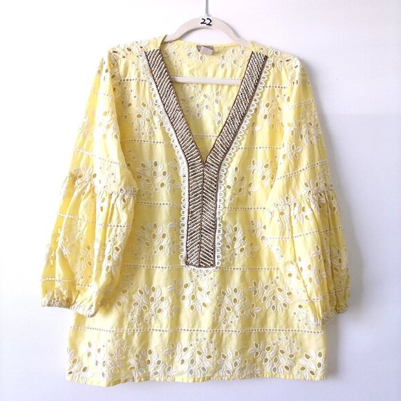 Chico's Womens Lemon Floral Embellished Boho Eyelet Peasant Top Size 2 US 12/14 - Picture 1 of 8